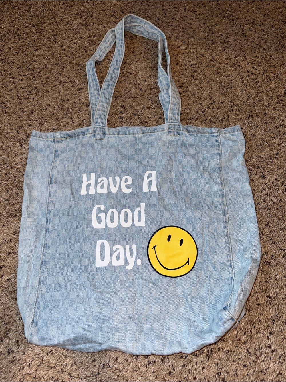 American Eagle Outfitters Light Blue Denim Tote with Yellow Smiley